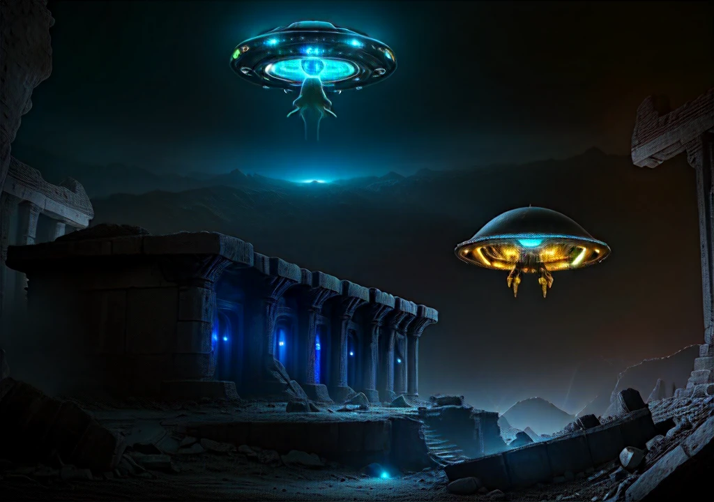 a magical ancient ufo, ufo alchemy, extraterrestrial technology, glowing ufo, advanced alien spacecraft, mysterious ancient artifact, ufo hovering over ancient ruins, ufo abduction, ufo sighting, glowing blue ufo, intricate ufo design, ufo in night sky, ufo surrounded by ethereal energy, photorealistic, 8k, cinematic lighting, dramatic atmosphere, hyperdetailed, award winning digital art, highly realistic, stunning details, vivid colors