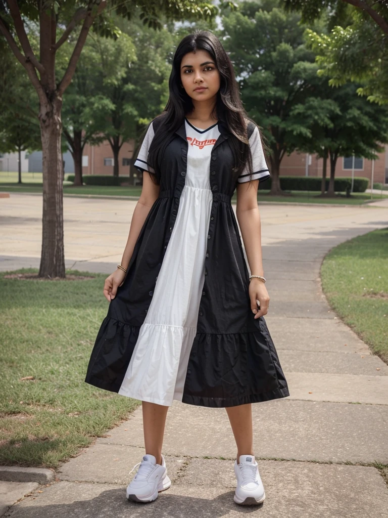 A indian gril black hair drees frock and puma shoes at college in haydrabad single photo
