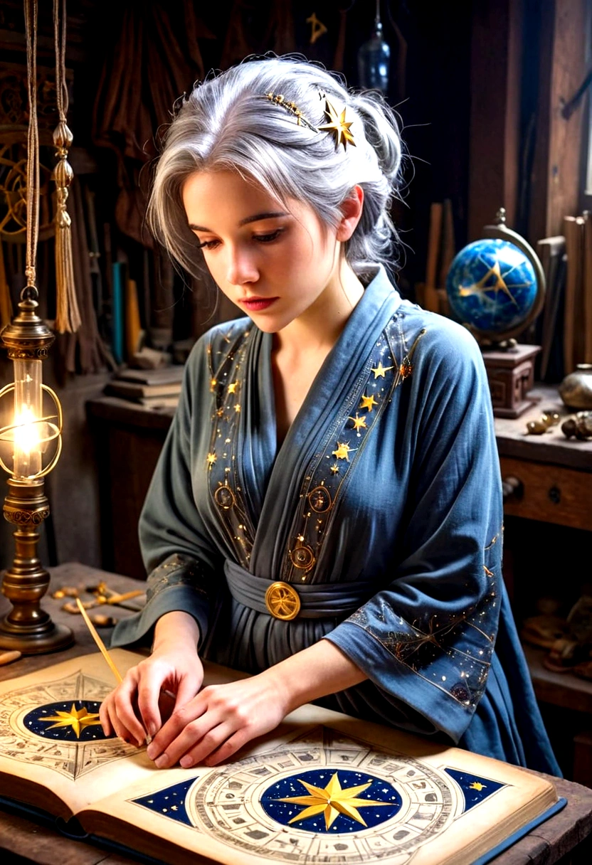 A cute young woman (gray haired) (mystical robes with intricate star designs) is in her workshop with many star observation tools and a huge tome of astrological signs before her
