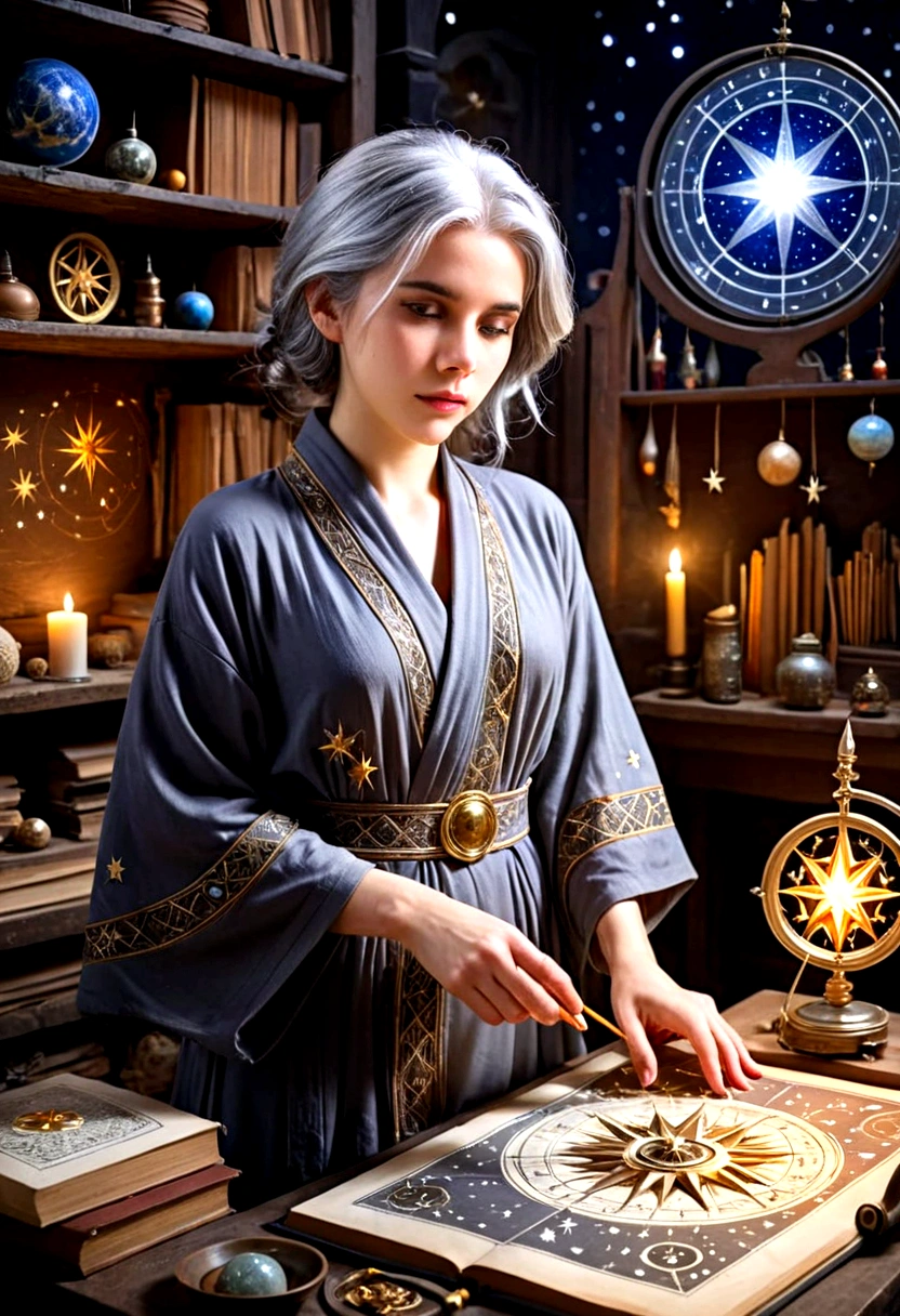 A cute young woman (gray haired) (mystical robes with intricate star designs) is in her workshop with many star observation tools and a huge tome of astrological signs before her