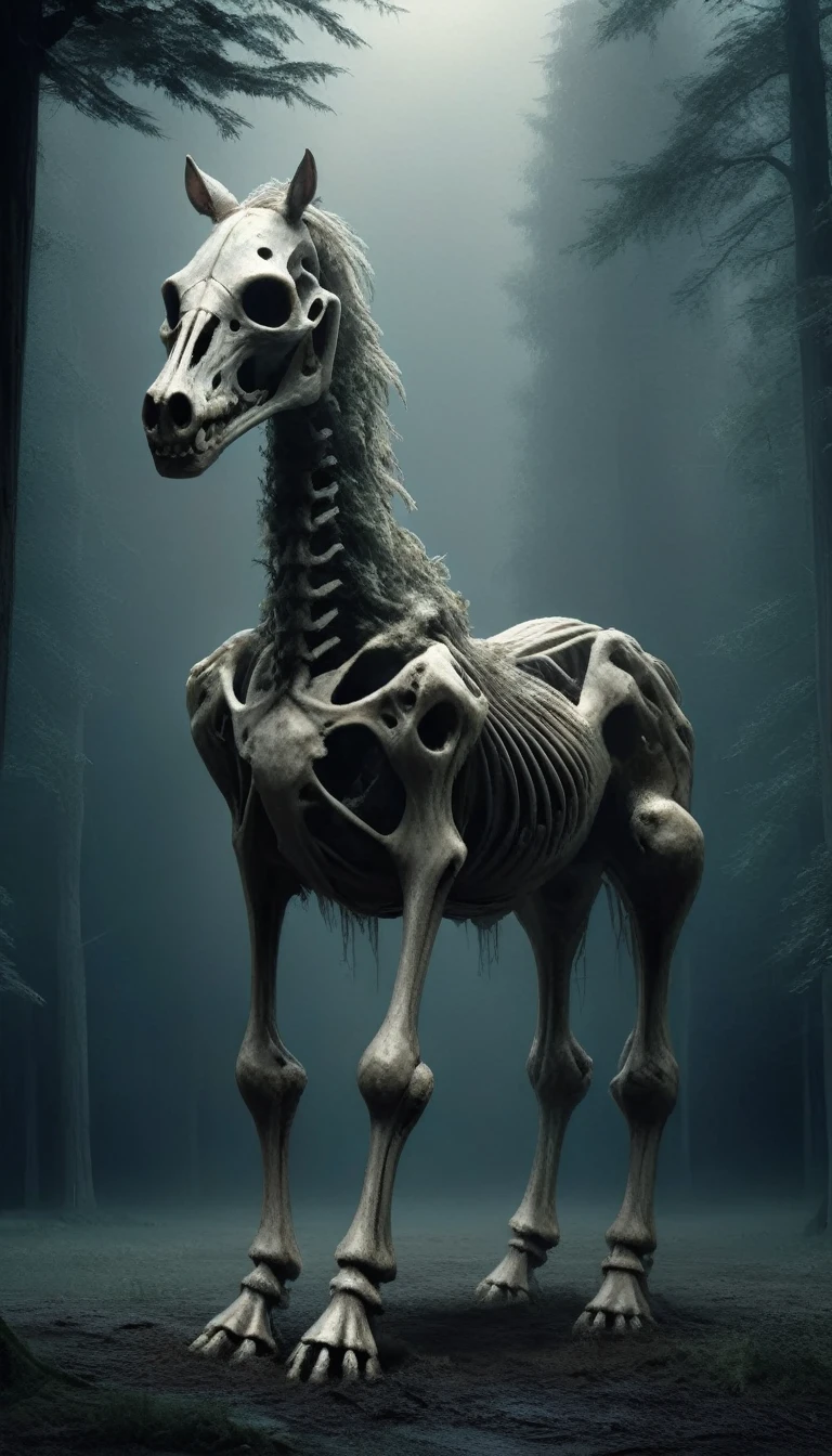 Skeleton horse made from bones, mane,forest,Dark and gloomy,zkeleton DonMn1ghtm4reXL Gregory Crewdson Style Page 