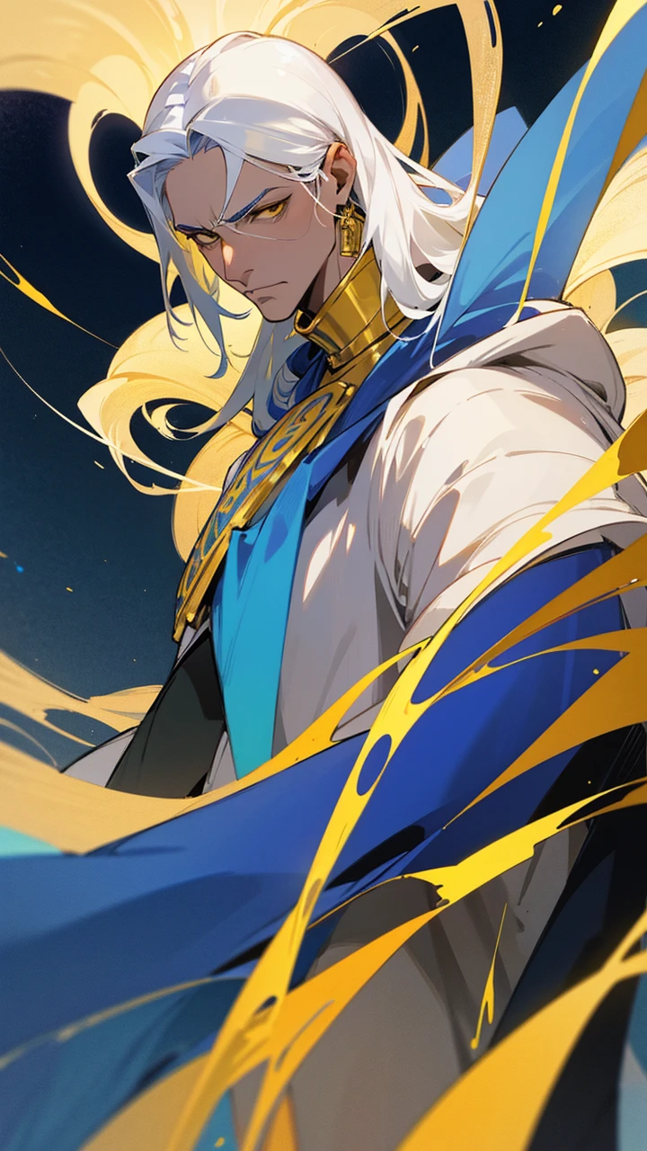 Draw a 47-year-old man of Arab origin with white hair and yellow eyes, light skin., He wears a blue and white Greek king's outfit from the year 1500, he has a staff with a gold fox inlaid on it as well as an anime-style ruby necklace.
