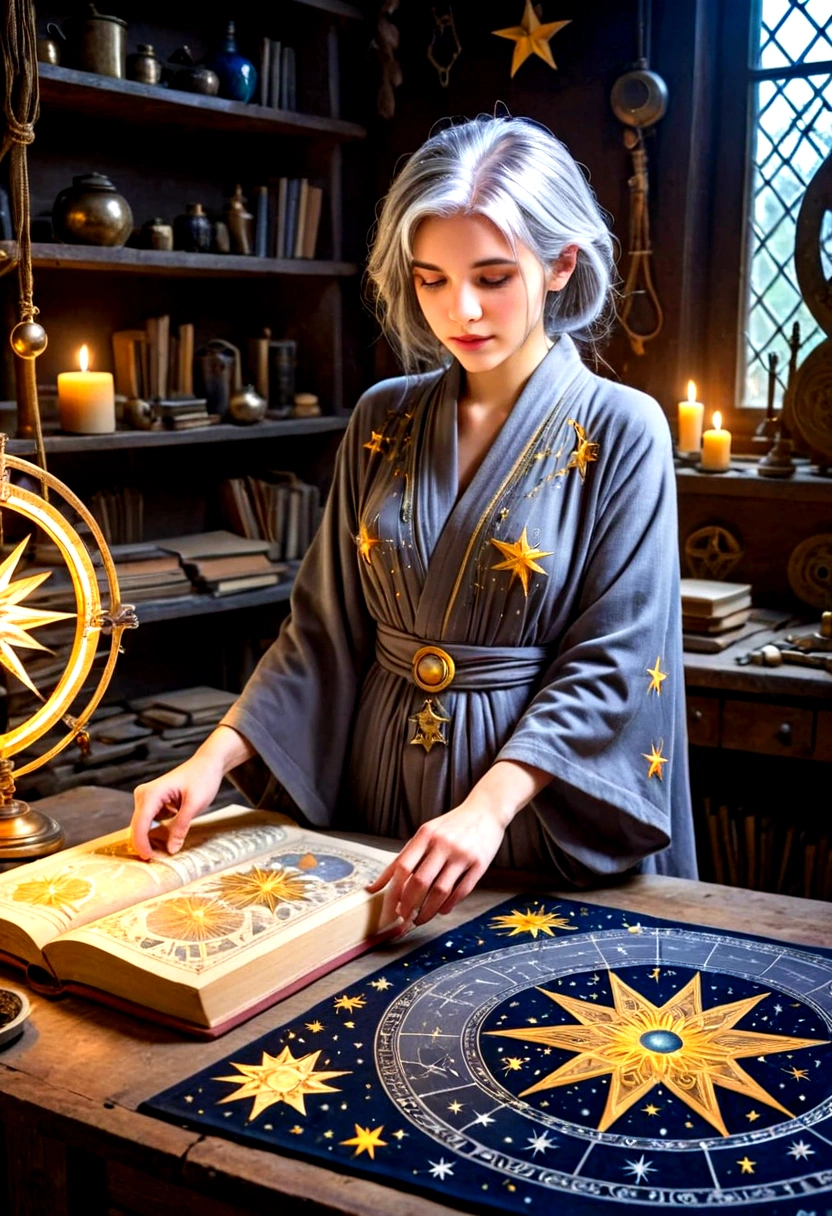 A cute young woman (gray haired) (mystical robes with intricate star designs) is in her workshop with many star observation tools and a huge tome of astrological signs before her