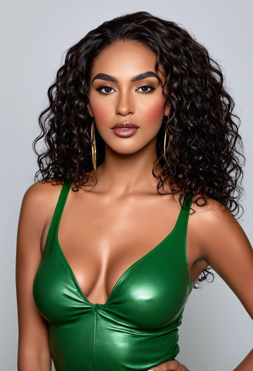 Completely Arafed Woman, Attractive Woman Wearing Red Latex Clothing (Seductive Look), Dressing in Fashion. Black and Brazilian mixed race, mixed race woman, beautiful 30 year old Afro-Latina girl, beautiful African and Latina, supermodel, stunning beauty, Brazilian and Angolan descent, the most beautiful woman in the world, jaw-dropping beauty, She has a beauty exotic, a tall woman, a black woman, mixing African and indigenous features, a unique mix of indigenous, African and European ebony, her beauty is unique, undeniable, a beautiful young black woman with dark skin. Long curly black hair, her hair is curly black, with long curly black hair, Curly black goddess, long curly hair, (Curly hair:1.2), Curly hair, curls, long curly afro hair, big hair, afro hair far away. Sexy face, beautiful face, Seductive appearance, vibrant sensual. Detailed seductive eyes, sexy with green eyes, look directly into the camera, evil eyes, sexy with green eyes, piercing green eyes, (eyeliner, long eyelashes), intense look, mysterious and charming look, look of magnetism, attraction and fascination. Perfect thick arched eyebrows, the nose is small and proportional to the face. Lush lips, delicious lips, voluminous lips, big lips, Attractive and irresistible mouth, well-defined lips, full lips, voluminous lips, seductive lips, seductive expression, a seductive smile is enigmatic. The makeup is subtle, (cat eye makeup:0.85), professional makeup. Black woman, Olive skin, healthy and even glow, dark skin, sexy girl with olive skin, detailed textures, detailed skin, beautiful and glowing skin, intricate details, smooth skin, healthy and radiant appearance. Fitness woman, toned body, beautiful, attractive and slim woman, medium bust, athletic, thin waist, wide hips, big butt, thick thighs, shapely legs. A woman posing for a complete, sexy and dynamic photo. Tight black outfit, black bodycon dress, short black dress, sexy black dress. Sensual, sensual pose with big breasts, cinematic photo,