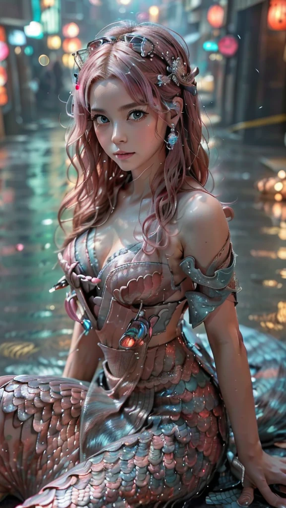 Ultra-detailed, master piece, best quality, high resolution, beautiful eyes, detailed eyes, detailed face, (super realistic photorealistic image:1.5), (cute and beautiful face, pink wavy hair, soft and light blue eyes that exude warmth and tenderness, tight body, covered with fish scales to emphasize her mermaid status, large and graceful fish tail in place of legs, which are also covered with scales and fused with cyberpunk electronics and tubes, elegantly dressed in a revealing kimono with traditional Japanese patterns:1.5) The lighting, colors, and mood of the scene are powerful and cinematic, with the beautiful seaside scenery and the soft glow of the city lights creating a magical atmosphere. The design and details are ultra-clear and detailed, emphasizing the mermaid-like appearance with prominent fish tails, shimmering skin scales, and cyborg elements, and the images are of the highest quality and ultra-realistic photography.