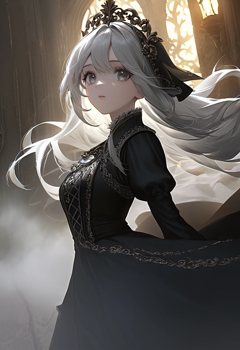 1girl, beautiful detailed eyes, beautiful detailed lips, extremely detailed face, long white hair, grey eyes, medieval fantasy dress, ornate intricate design, detailed baroque architecture, dramatic lighting, volumetric fog, (best quality,4k,8k,highres,masterpiece:1.2),ultra-detailed,(realistic,photorealistic,photo-realistic:1.37),cinematic composition,dramatic shadows,vibrant colors,chiaroscuro lighting