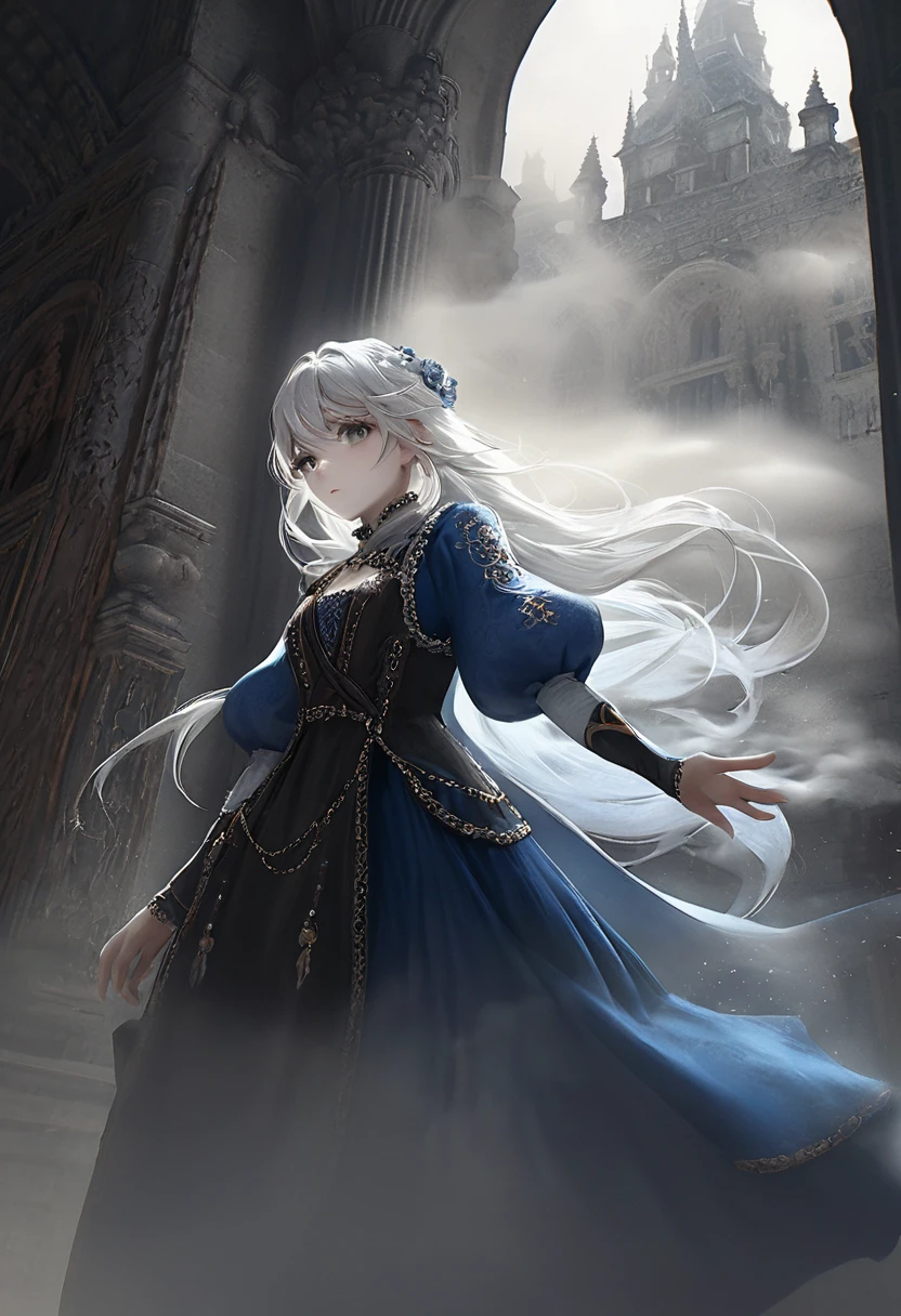 1girl, beautiful detailed eyes, beautiful detailed lips, extremely detailed face, long white hair, grey eyes, medieval fantasy dress, ornate intricate design, detailed baroque architecture, dramatic lighting, volumetric fog, (best quality,4k,8k,highres,masterpiece:1.2),ultra-detailed,(realistic,photorealistic,photo-realistic:1.37),cinematic composition,dramatic shadows,vibrant colors,chiaroscuro lighting