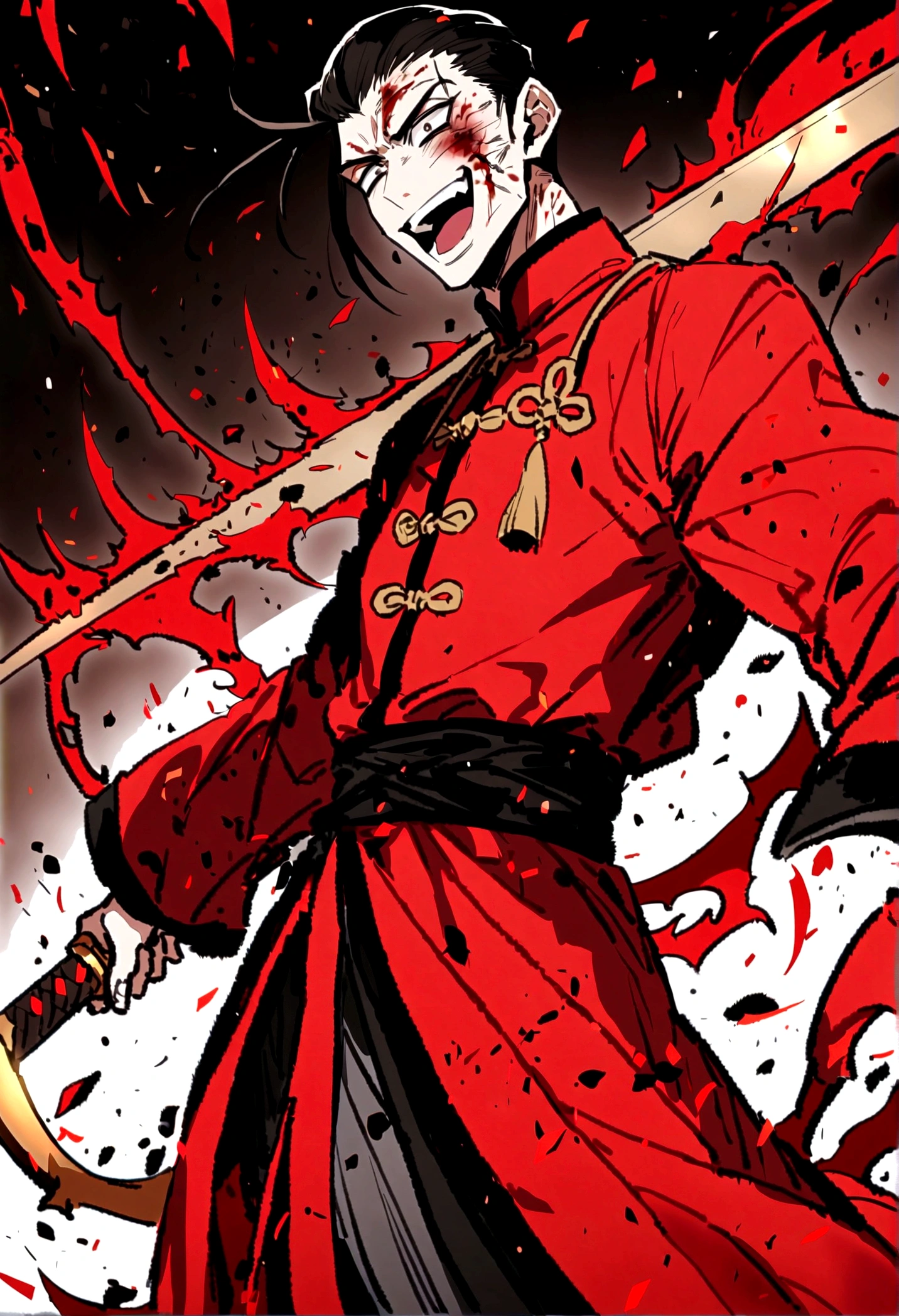Anime character holding sword and red cloak, Beautiful Shinigami, (Red robe,Taoist priest),Copper money sword,Chinese style traditional, handsome guy,Dark circles,Pathological,Laughing,Blood气,Madness,Wound,Blood,(only one person),Normal body