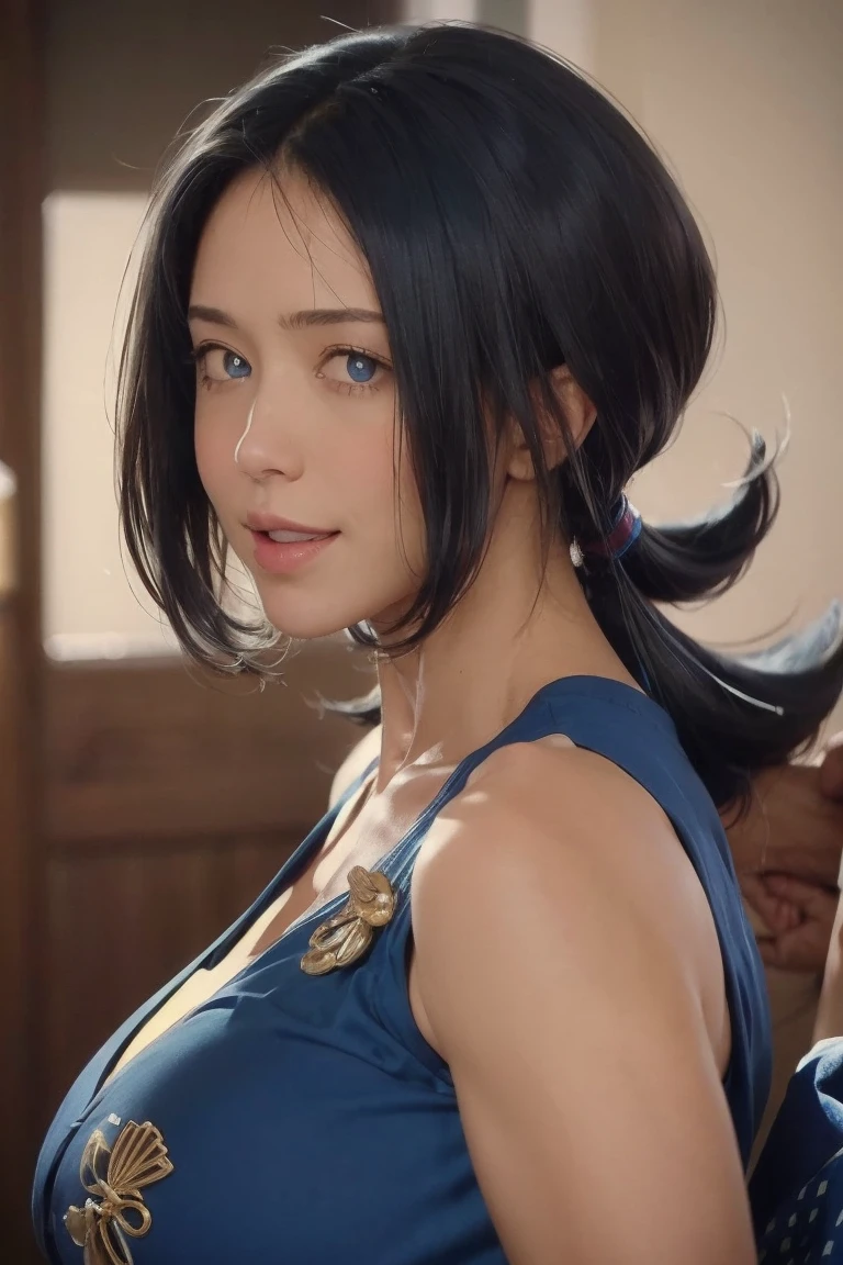 (best quality), (masterpiece), detailed, depth of field, perfect lighting, 1girl, mature female, about 48 yo, blue eyes, blue hair, low ponytail, hair ornament, (best quality), (masterpiece), detailed, depth of field, short sleeves,  blue kimono, blue hair, upper body, huge natural breasts, smile, BREAK, surrounded by burly fat bbc black males, 