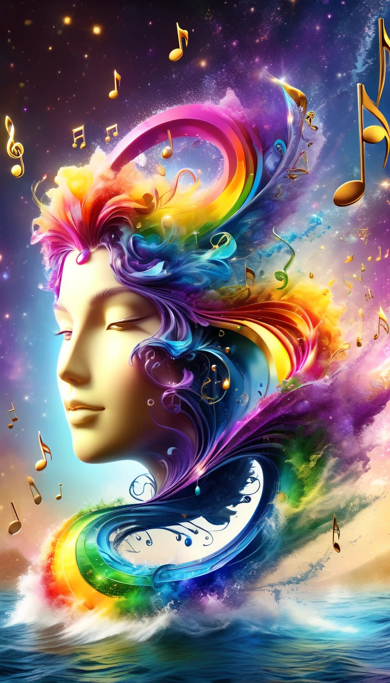 Produced by AIS-RCN, 8k Photo, "Character, Rainbow colored musical notes, Jump out of the Golden Horn, Transform your ideas into exquisite works of art.", Flexible, spotlight、