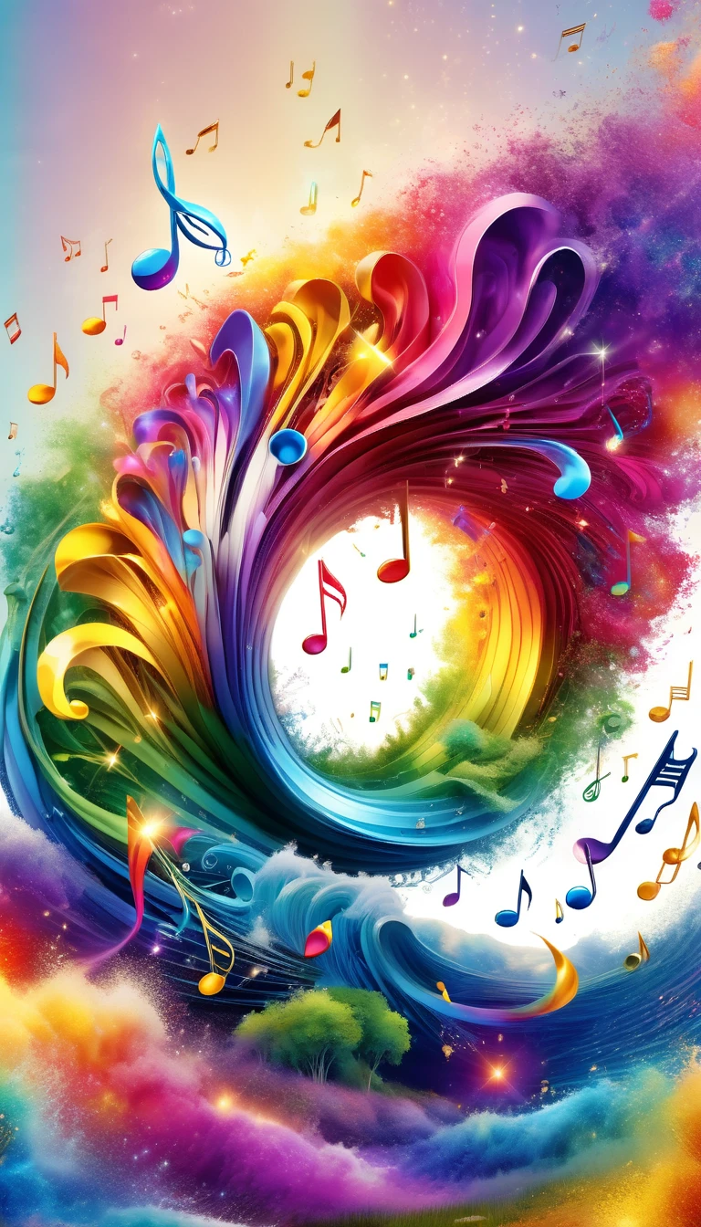 Produced by AIS-RCN, 8k Photo, "Character, Rainbow colored musical notes, Jump out of the Golden Horn, Transform your ideas into exquisite works of art.", Flexible, spotlight、