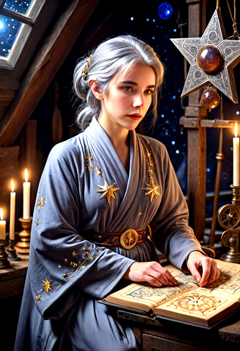 A cute young woman (gray haired) (mystical robes with intricate star designs) is in her workshop with many star observation tools and a huge tome of astrological signs before her