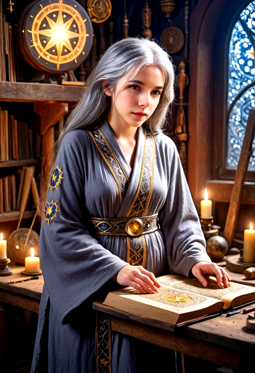 A cute young woman (gray haired) (mystical robes with intricate star designs) is in her workshop with many star observation tools and a huge tome of astrological signs before her