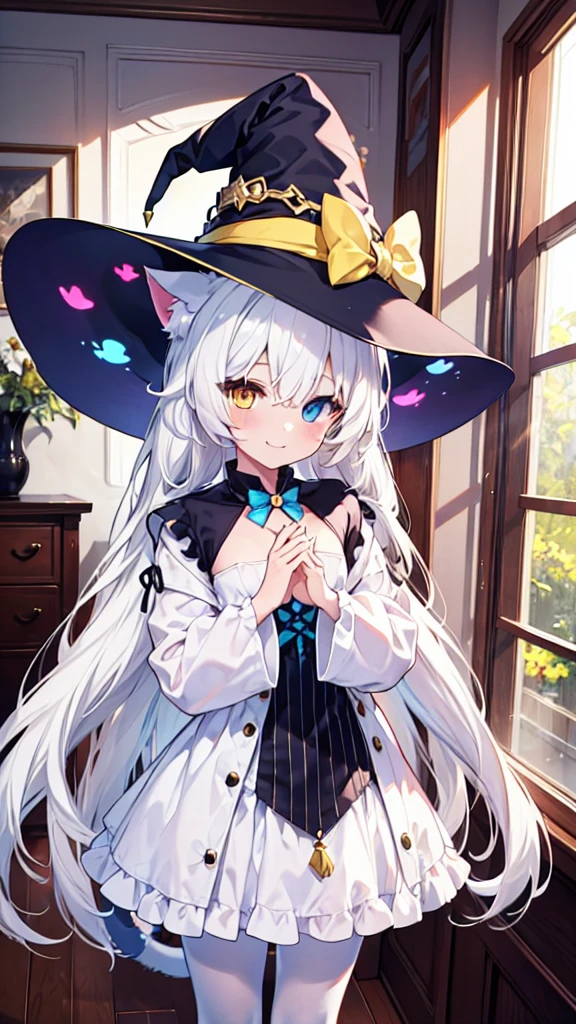 White hair,Cat ear(In the hat),Long hair,Heterochromia(Left blue right yellow),Smile,Female face,There are bright spots in the eyes,Female hands,White little hands,Normal fingers,flat chest,Witch costume,White pantyhose,In the room