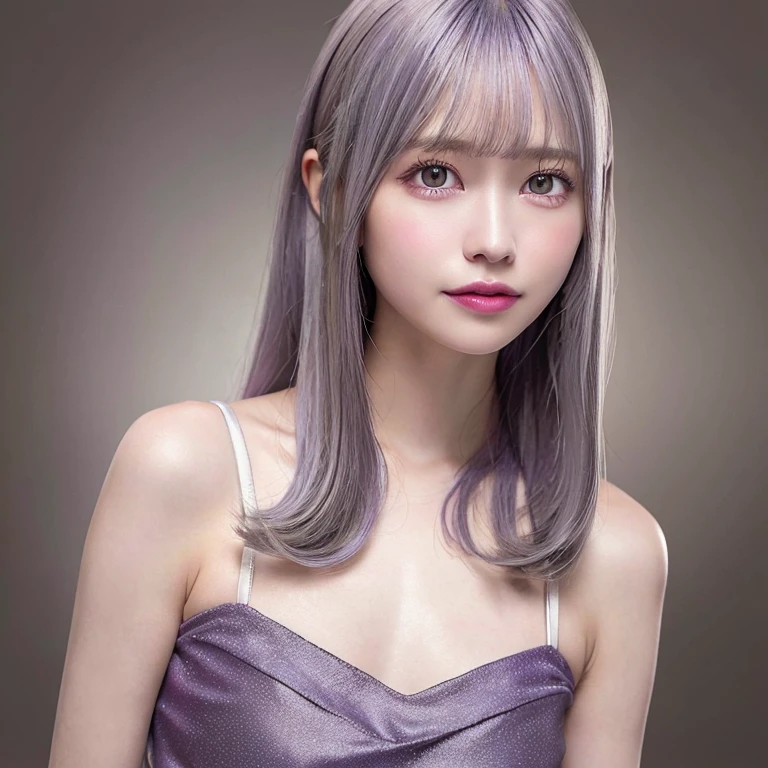 One girl,Beautiful vintage colors, Instagram (photoRealistic, High resolution:1.4), ((Puffy eyes)), View your viewers, , whole body (8K, RAW Photos, Highest quality, masterpiece:1.2), (Realistic, photo-Realistic:1.37),(Sharp focus:1.2), Professional Lighting, Photon Mapping, Radio City, Physically Based Rendering, (Pale skin:1.2),(Small breasts:1.2), View your viewers, (Mid-length hair:1.5), Portraiture, Purple eyes, (Silver Hair:1.1),bangs, (Simple Background:1.4), alone, Upper Body, Realistic,(masterpiece:1.4),(Highest quality:1.4),(Shiny skin),Fashionable Girl,compensate,smile(skinny,Mouth closed,shy :1.3) ,(Are standing,Bandeau dress