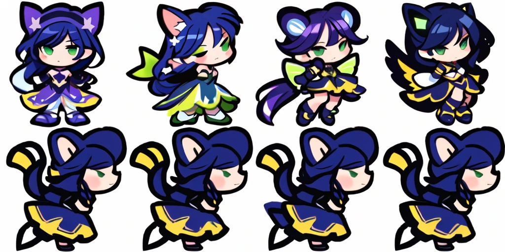 a close up of a cartoon character with different poses, spritesheet, sprite sheet, with familiar sprites, sprites, fairy girl, morgana, default pose neutral expression, twirling, sprite 2 d, shady, green fairy, smol, multiple poses, cute chibi, kawaii