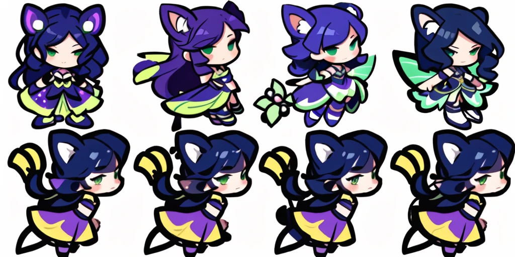 a close up of a cartoon character with different poses, spritesheet, sprite sheet, with familiar sprites, sprites, fairy girl, morgana, default pose neutral expression, twirling, sprite 2 d, shady, green fairy, smol, multiple poses, cute chibi, kawaii