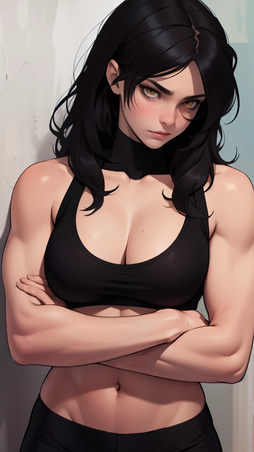muscular girl breasts black hair yellow eyes pale skin sad girl