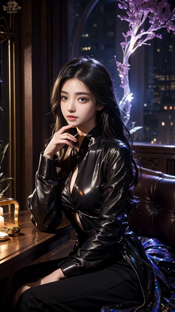 Full figure, seven -clinging shooting, 18 years old, wearing firefly clothes, exquisite faces, details, hands, ultimate details, amazing magnificence, Pedaipan style, fiber hair, glowing black iris, glowing black iris, sitting,