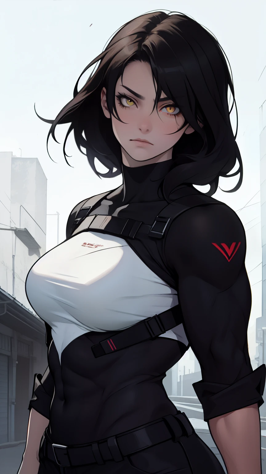 muscular girl breasts black hair yellow eyes pale skin sad girl