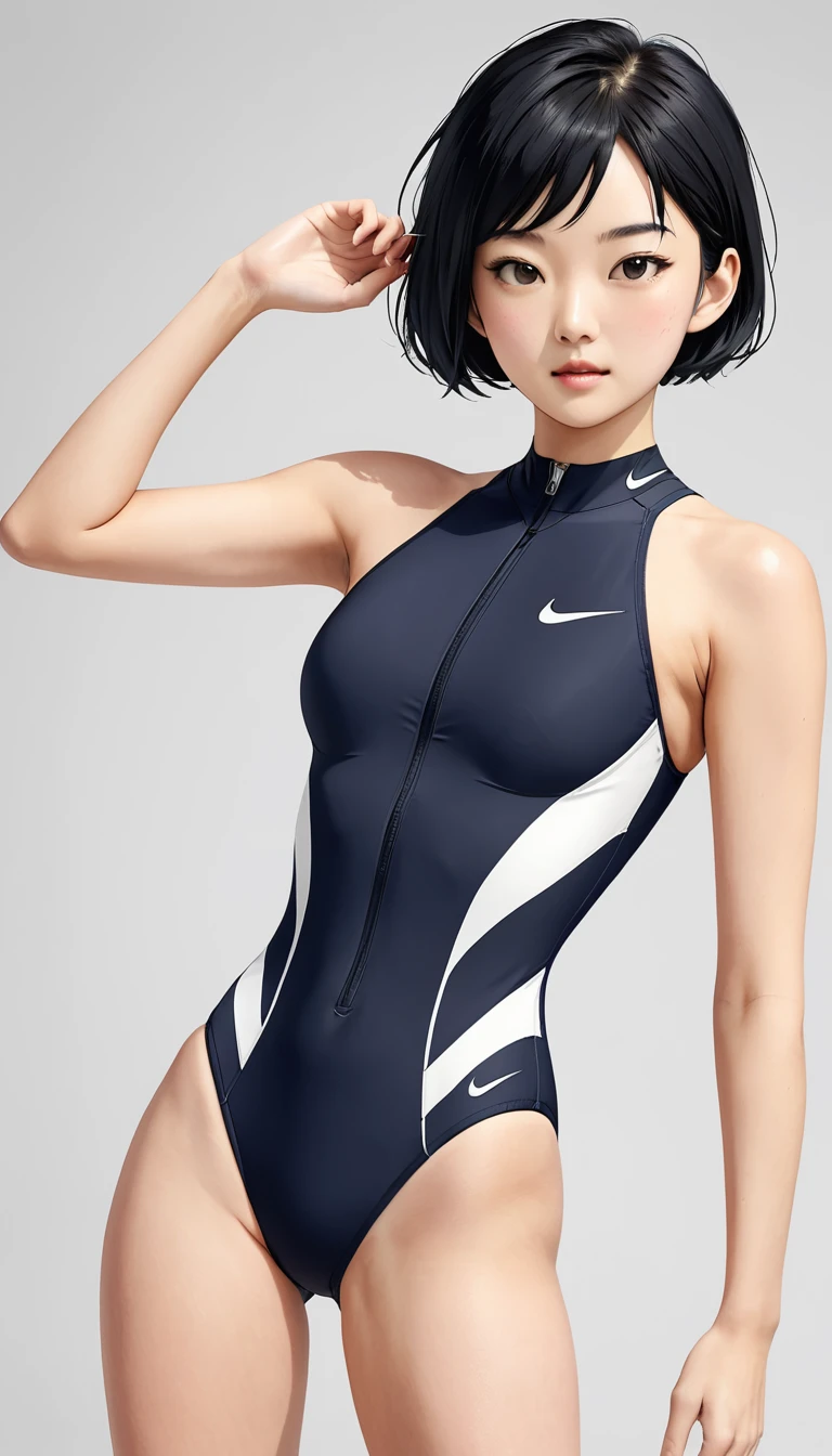 Competitive swimming suits、Swimming goggles、Black Hair、Very short hair、Upper Body、Simple Background、Moderate bust、NIKE Swimsuit、Asian