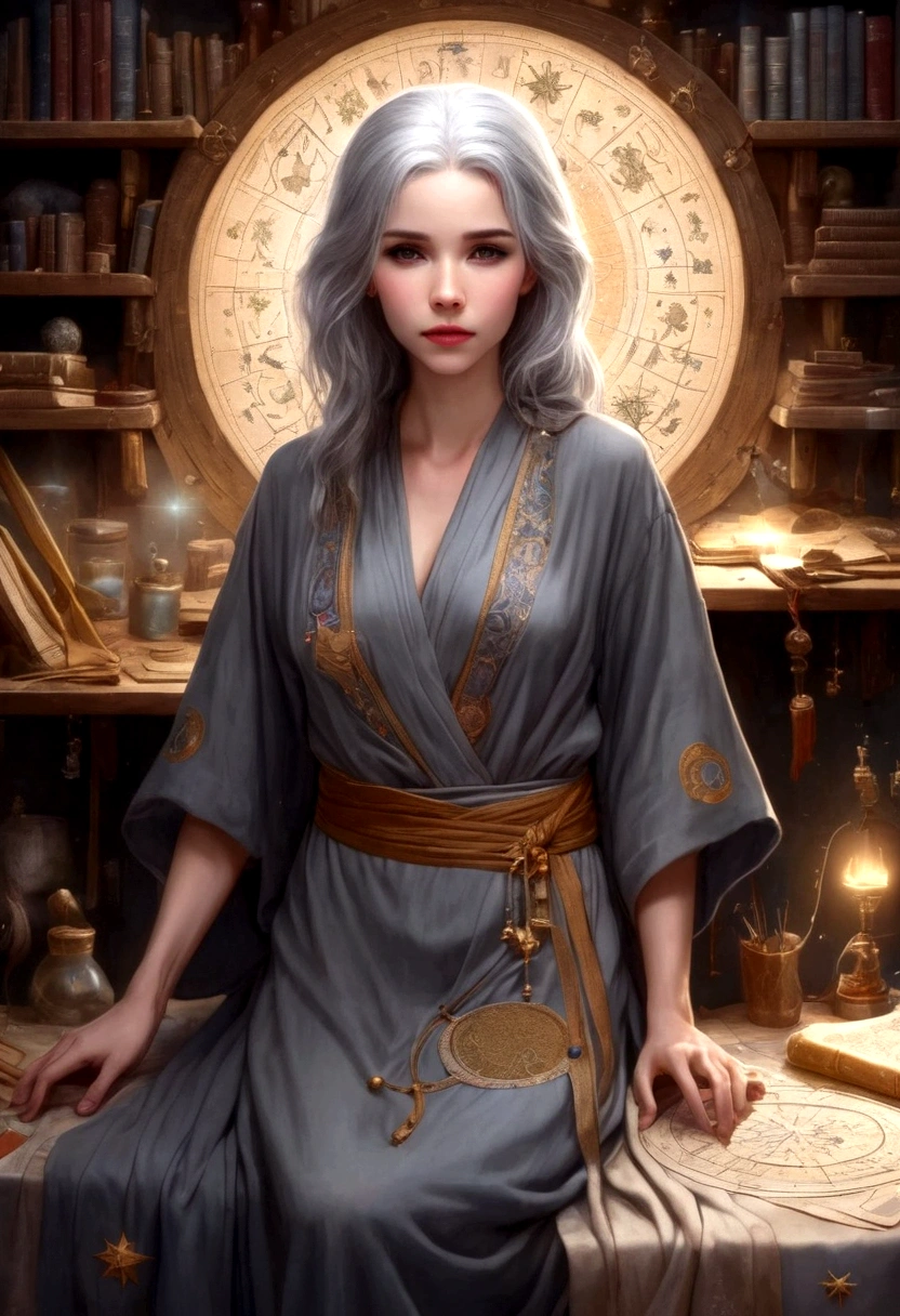 A cute young woman (gray haired) (mystical robes with intricate star designs) is in her workshop with many star observation tools and a huge tome of astrological signs before her