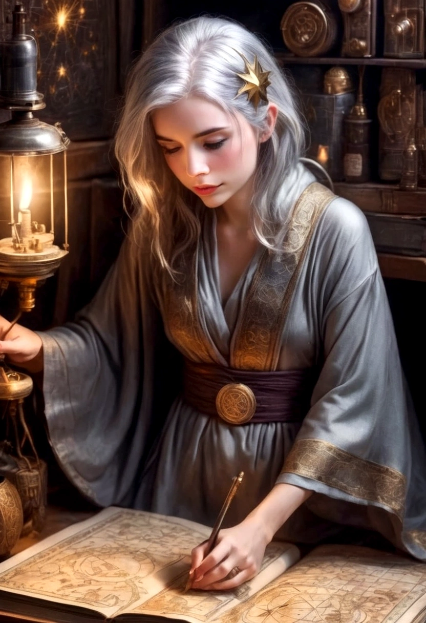 A cute young woman (gray haired) (mystical robes with intricate star designs) is in her workshop with many star observation tools and a huge tome of astrological signs before her
