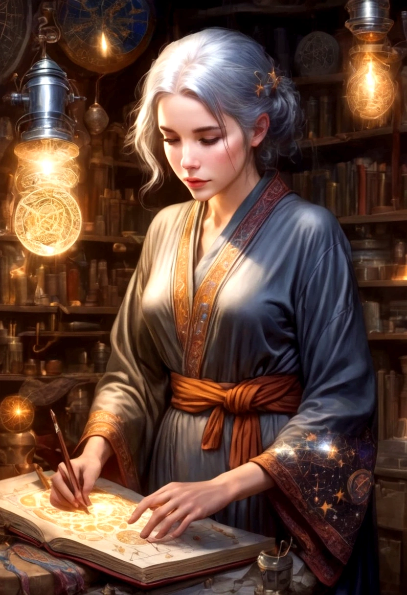 A cute young woman (gray haired) (mystical robes with intricate star designs) is in her workshop with many star observation tools and a huge tome of astrological signs before her
