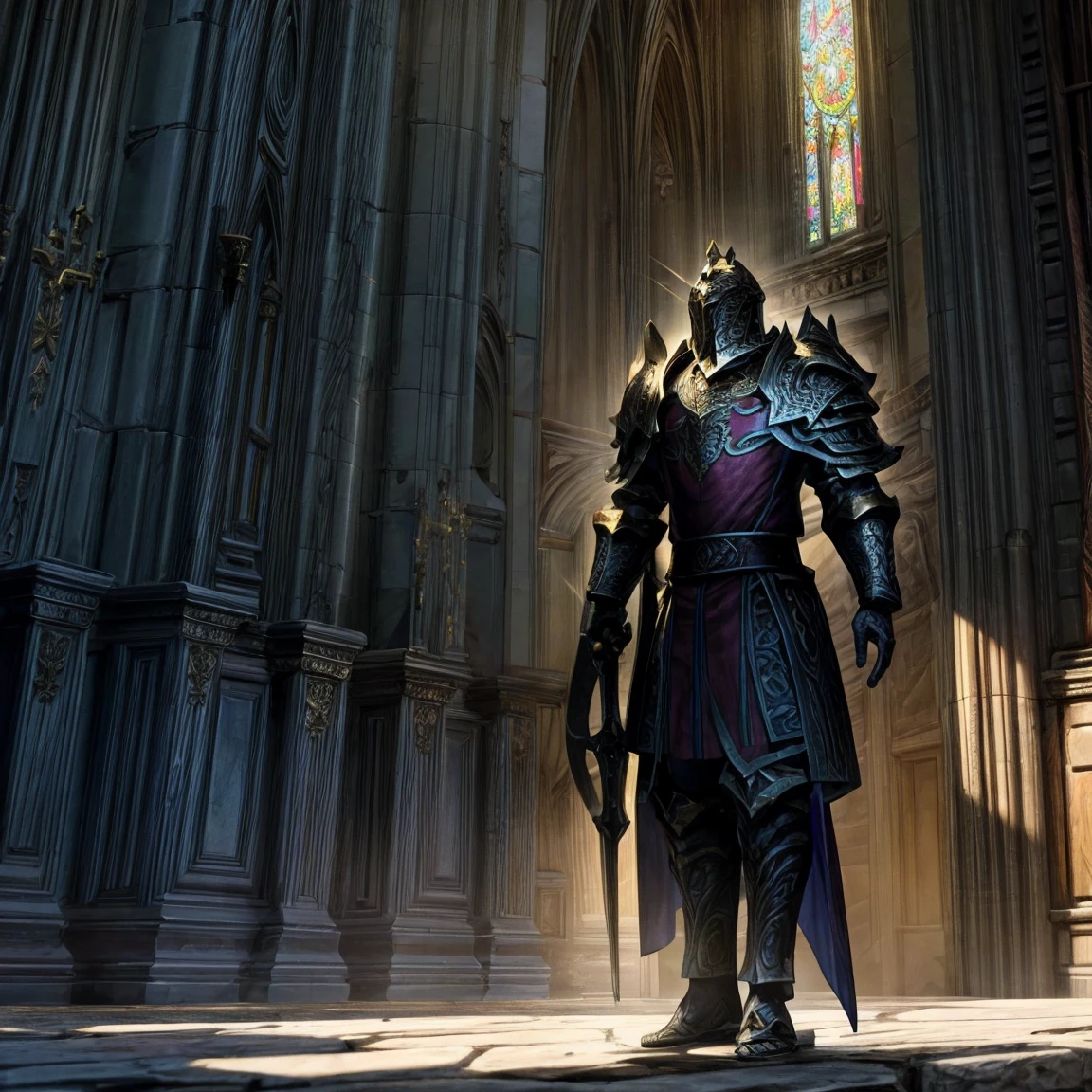 Draego,  a medieval knight in shining armor, standing in front of an altar in a large cathedral, dramatic backdrop, high contrast, wide angle lens, vibrant colors, serene, detailed intricate armor, flowing cape, determined facial expression, sunlight streaming through stained glass windows, ornate altar with candles, dramatic shadows, cinematic composition, photorealistic, 8k, hyper detailed, masterpiece