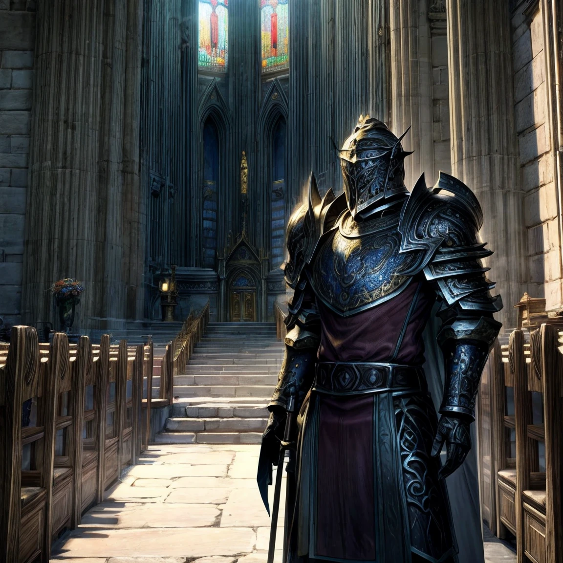 Draego,  a medieval knight in shining armor, standing in front of an altar in a large cathedral, dramatic backdrop, high contrast, wide angle lens, vibrant colors, serene, detailed intricate armor, flowing cape, determined facial expression, sunlight streaming through stained glass windows, ornate altar with candles, dramatic shadows, cinematic composition, photorealistic, 8k, hyper detailed, masterpiece