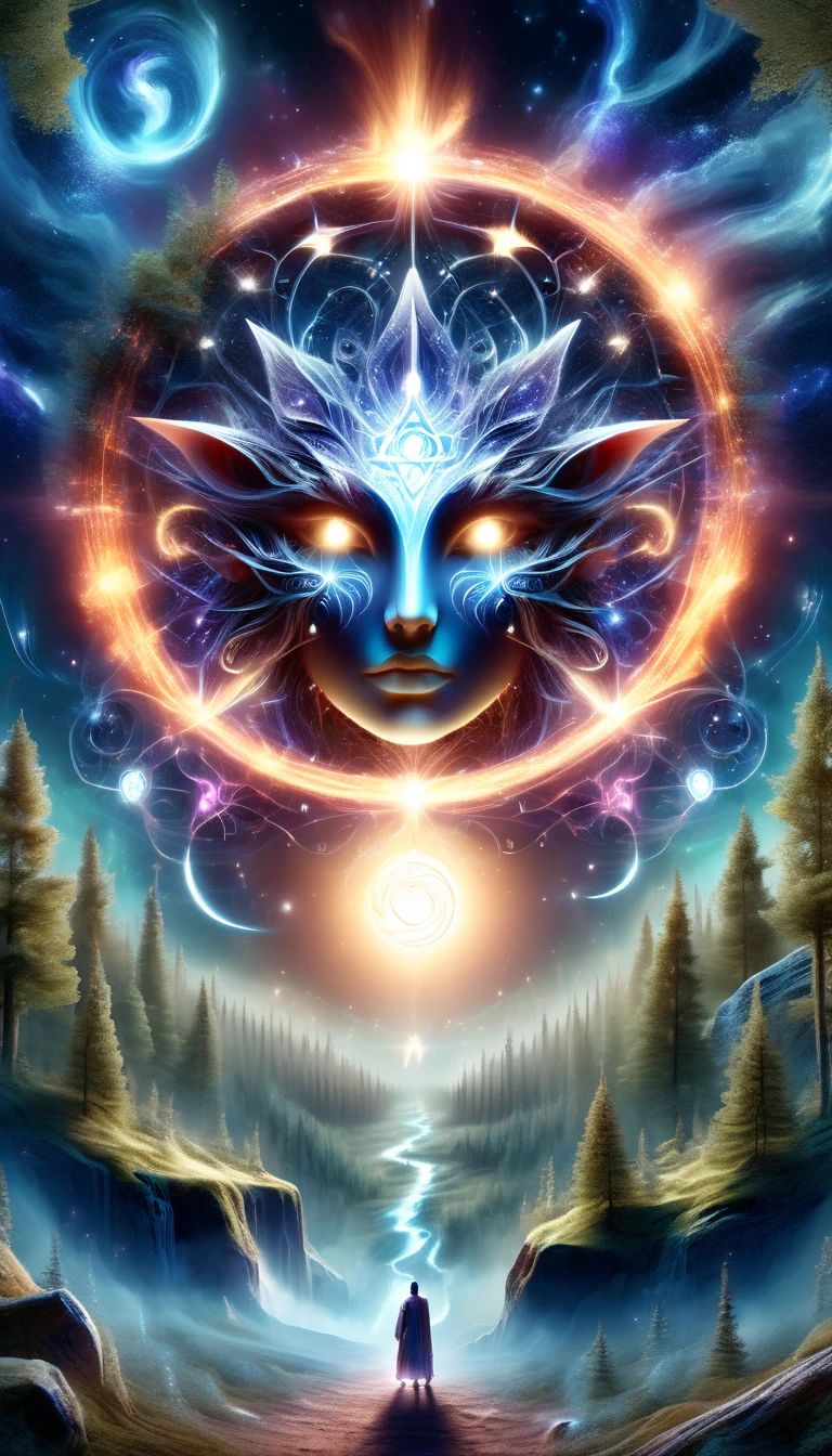 (Dark Fantasy),(Ultra wide angle),In an ancient forest wasteland, The ancient stone magic circle predates all recorded history. It is composed of countless huge rocks, Each one has signs of erosion., Arranged into a perfect six-pointed star,Point to each constellation, As if connected to the power of the universe. At its center, The ground is engraved with complex runes and mysterious patterns.,In the moonlight, the light is blue, As part of the summoning ritual,It is also a container of power., Peak electricity consumption at night. The surrounding forest seemed to avoid, The branches are curved,Whisper. When the stars align on a special night, The energy of the sky resonates with the runes of the circle, Slowly open a crack,Inside is a creature with eyes like burning coals, Made of darkness and fear, Get out, Every step you take,The earth will tremble. This scene depicts a mysterious and dangerous moment,An ancient magic circle summons an entity under the watchful eyes of the ancient forest.,(masterpiece,best quality,Ultra HD,Extremely detailed,illumination)