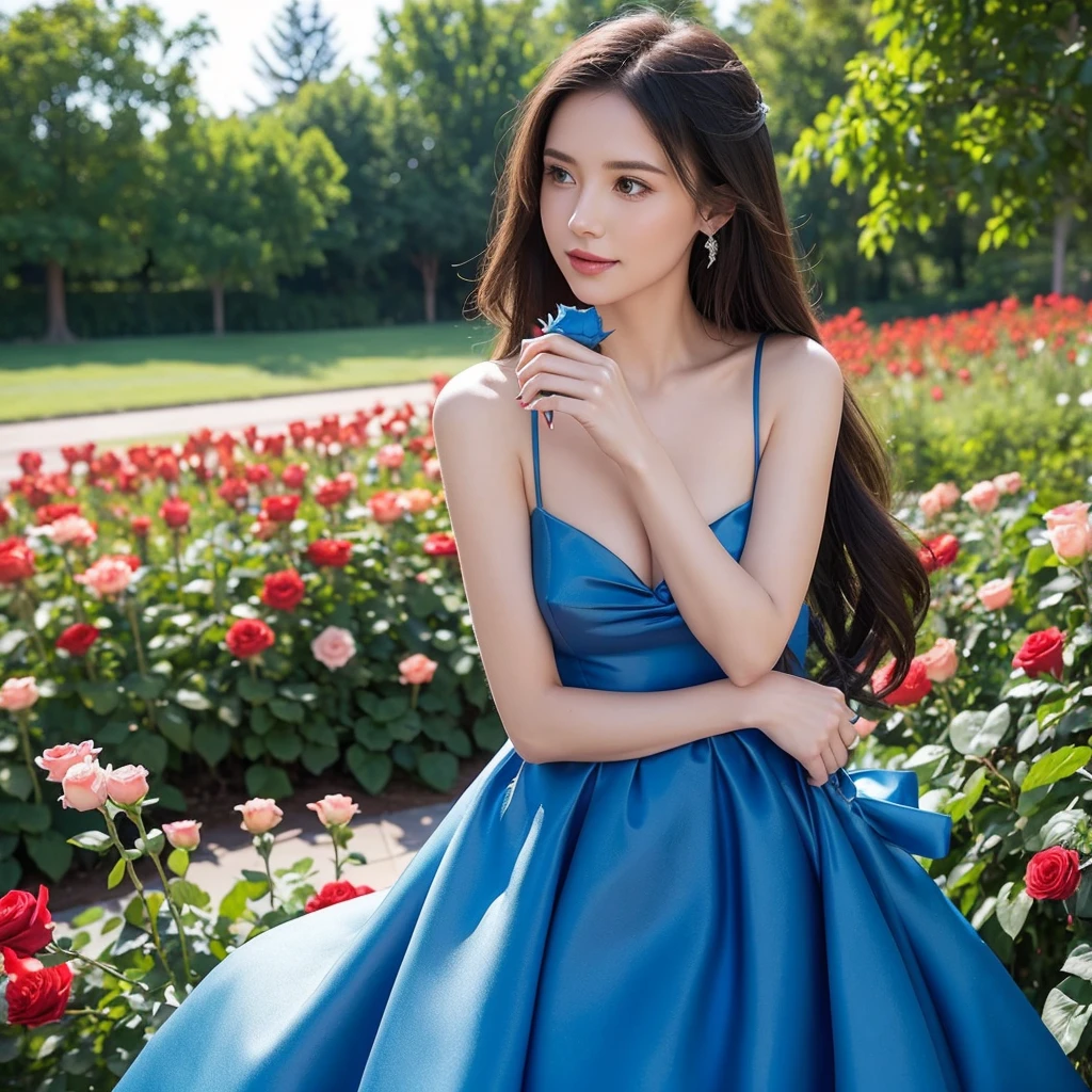 Create an image of a woman wearing a blue dress, participating as the Bachelorette. She is holding a red rose in her hand. The setting should be elegant and romantic, with a backdrop that suggests a formal event or a beautiful outdoor locatio