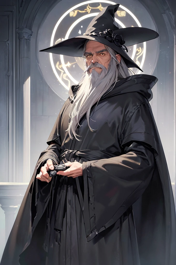 (masterpiece; best quality: 1.2), (finely detailed eyes: 1.3), ((70 year old man)), ((solo)), (yellow eyes: 1.4), (body; attractive, lean, mature: 1.3), (long gray hair + beard: 1.3), (beautiful and clear background: 1.2), ((depth of field)), (equipment: traveler mage dark robe + dark pointed hat + dark cloak: 1.3), (anime illustration: 1.2), (background composition; palace garden exterior: 1.1), (extremely fine and handsome: 1.1), (shot composition; standing + centered on torso + close-up: 1.5), (expression; calm, smile: 1.2)