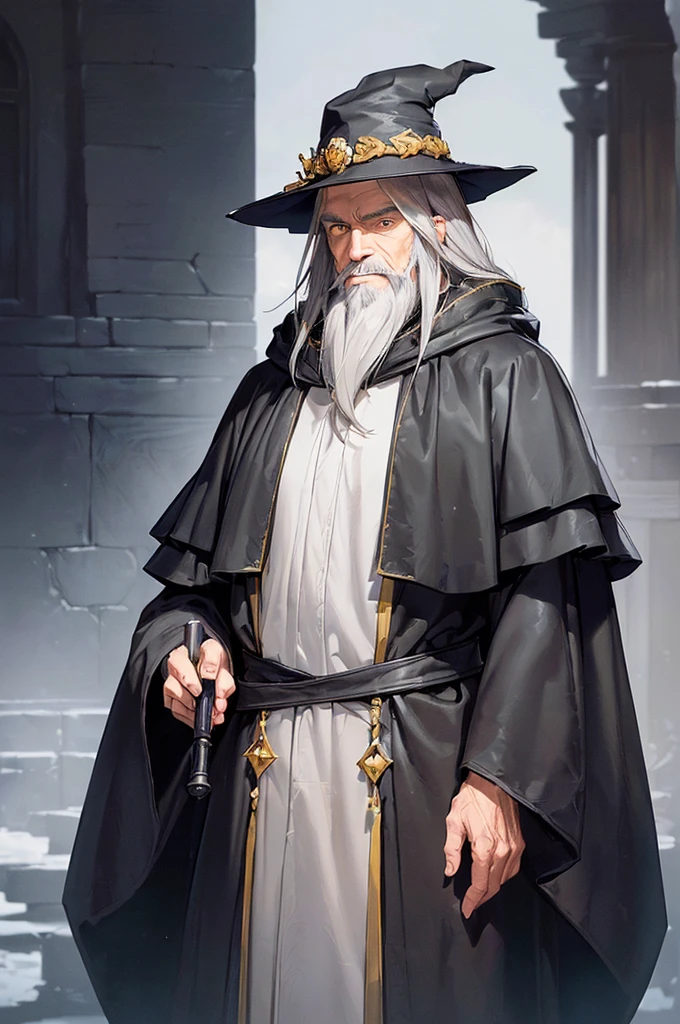 (masterpiece; best quality: 1.2), (finely detailed eyes: 1.3), ((70 year old man)), ((solo)), (yellow eyes: 1.4), (body; attractive, lean, mature: 1.3), (long gray hair + beard: 1.3), (beautiful and clear background: 1.2), ((depth of field)), (equipment: traveler mage dark robe + dark pointed hat + dark cloak: 1.3), (anime illustration: 1.2), (background composition; palace garden exterior: 1.1), (extremely fine and handsome: 1.1), (shot composition; standing + centered on torso + close-up: 1.5), (expression; calm, smile: 1.2)