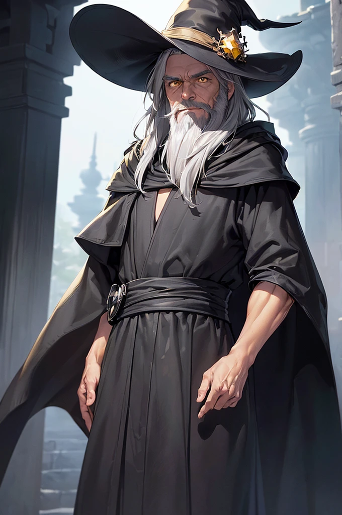 (masterpiece; best quality: 1.2), (finely detailed eyes: 1.3), ((70 year old man)), ((solo)), (yellow eyes: 1.4), (body; attractive, lean, mature: 1.3), (long gray hair + beard: 1.3), (beautiful and clear background: 1.2), ((depth of field)), (equipment: traveler mage dark robe + dark pointed hat + dark cloak: 1.3), (anime illustration: 1.2), (background composition; palace garden exterior: 1.1), (extremely fine and handsome: 1.1), (shot composition; standing + centered on torso + close-up: 1.5), (expression; calm, smile: 1.2)