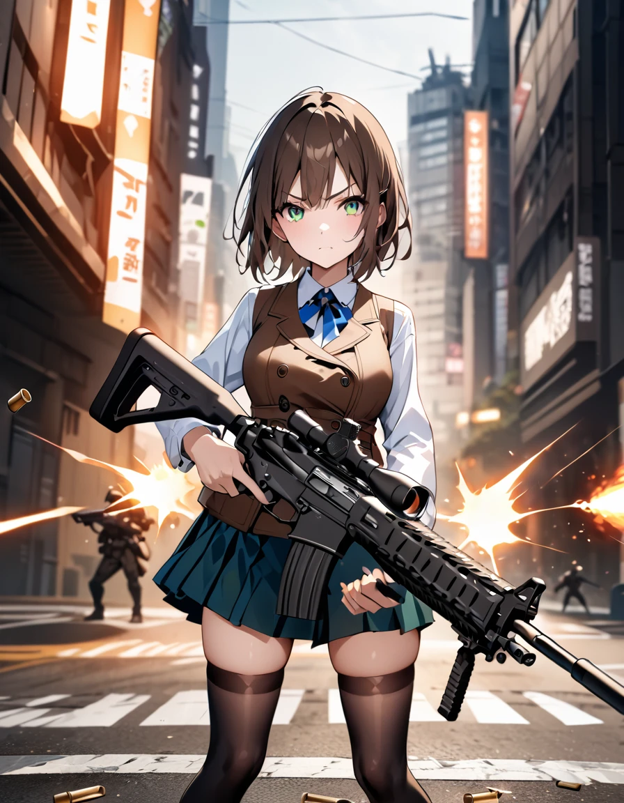 masterpiece, Highest quality, High resolution, One girl, alone, alone focus, (Short brown hair:1.2),  (Green Eyes:1.3),(Ready-to-wear skirts),(((Brown vest))),(White shirt),(Blue ribbon),(Black thigh-high socks:1.3),Erika Aoi, Beautiful attention to detail, Beautifully detailed face, Cute face. anger,Grit your teeth,Dynamic action poses,Tokyo city background, Outdoor. Using and Firing Assault Rifles, (Shell casing from a rifle), Put your finger on the trigger, Perfect hands, Perfect handss. Cowboy Shot. Action atmosphere. A giant bug monster creeps up behind her.