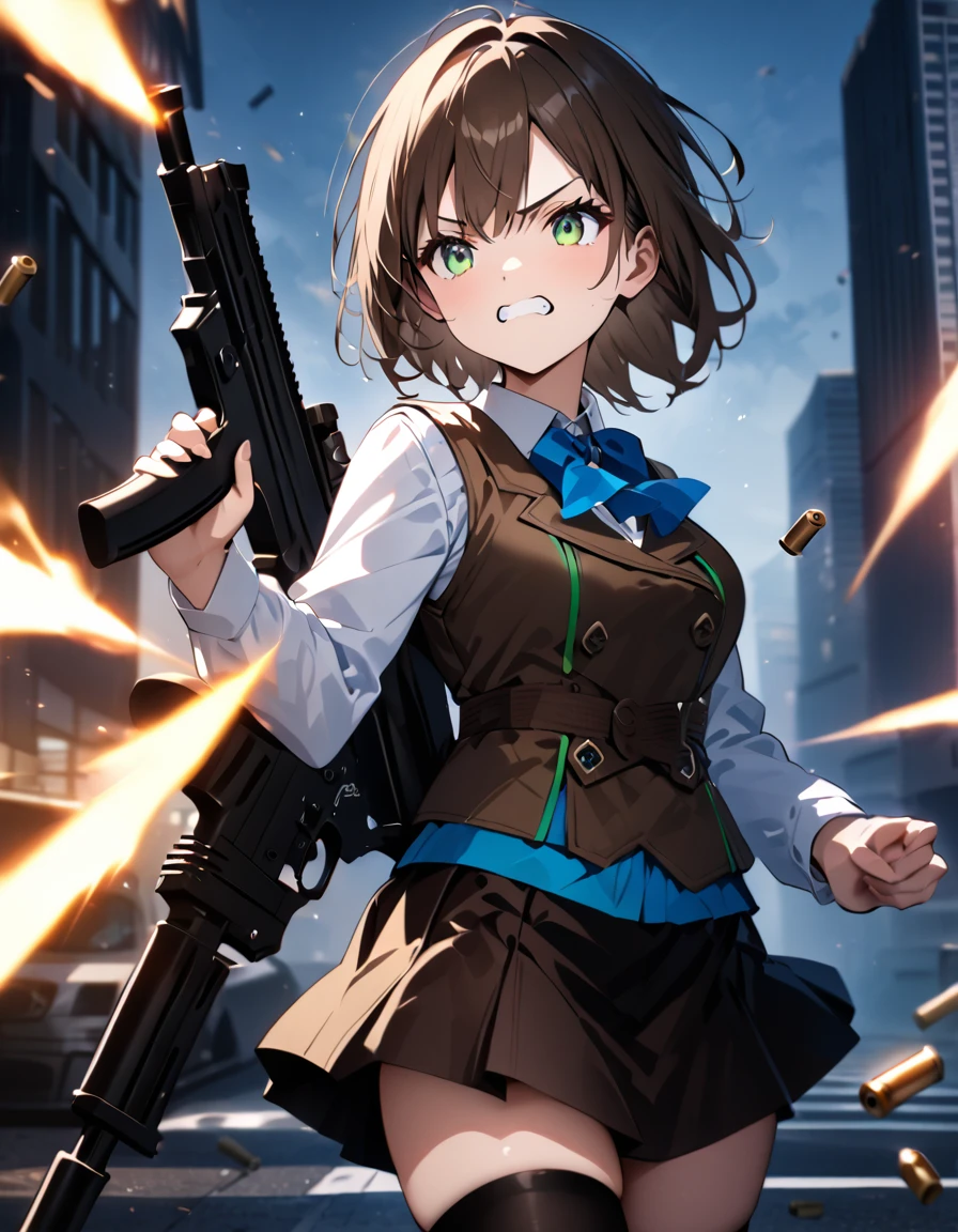 masterpiece, Highest quality, High resolution, One girl, alone, alone focus, (Short brown hair:1.2),  (Green Eyes:1.3),(Ready-to-wear skirts),(((Brown vest))),(White shirt),(Blue ribbon),(Black thigh-high socks:1.3),Erika Aoi, Beautiful attention to detail, Beautifully detailed face, Cute face. anger,Grit your teeth,Dynamic action poses,Tokyo city background, Outdoor. Using and Firing Assault Rifles, (Shell casing from a rifle), Put your finger on the trigger, Perfect hands, Perfect handss. Cowboy Shot. Action atmosphere. A giant bug monster creeps up behind her.