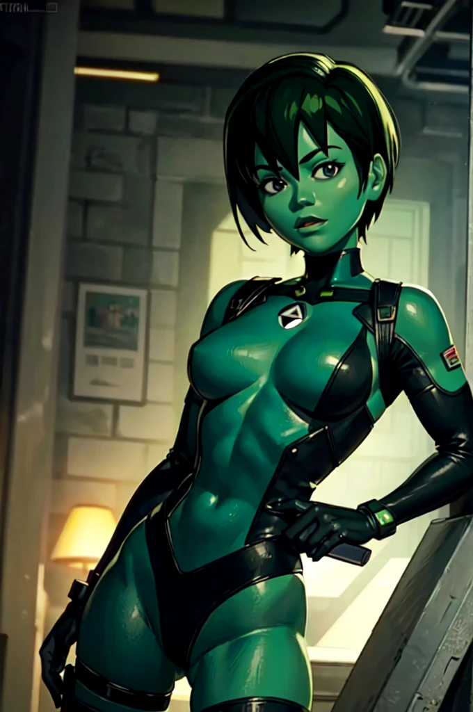 ultra detailed, masterpiece, best quality, solo, 
 D0tMatrix, green skin, green hair, tactical clothes, black bodysuit,