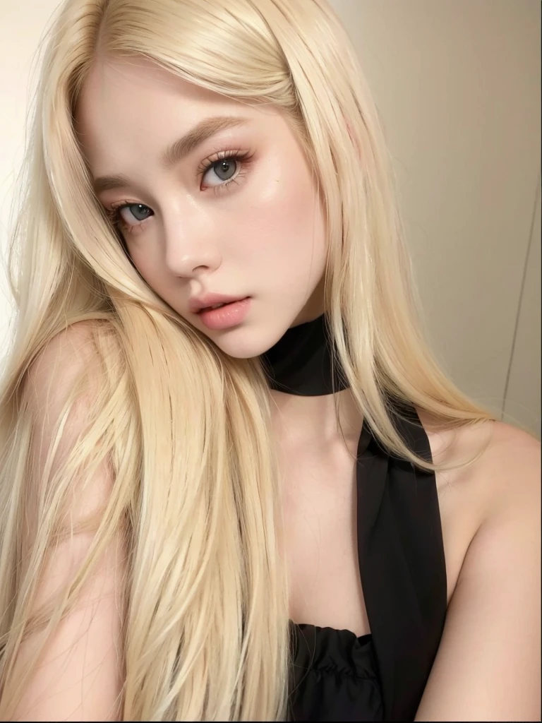 blonde woman with long hair wearing a black blouse with a choker collar, parque roseanne de blackpink, very light blonde hair, extremely light blonde hair, with white long hair, long blonde hair and big eyes, with long blonde hair, with long white hair, ava max, long blonde hair and big eyes, A girl with blonde hair, Retrato de Jossi do Blackpink