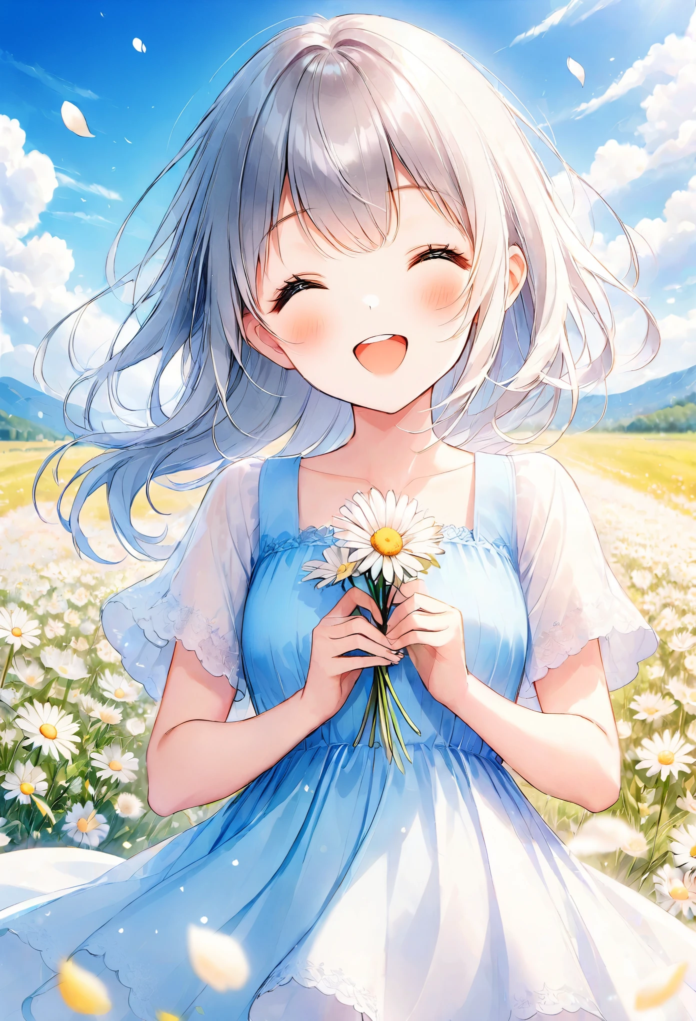 1girl,flower,outdoors,solo,dress,long hair,closed eyes,sky,holding,smile,cloud,open mouth,field,blush,day,blue sky,white flower,holding flower,flower field,short sleeves,teeth,blue dress,petals,:d,facing viewer,grey hair,floating hair,wind,happy,^_^,daisy,upper teeth only,white dress