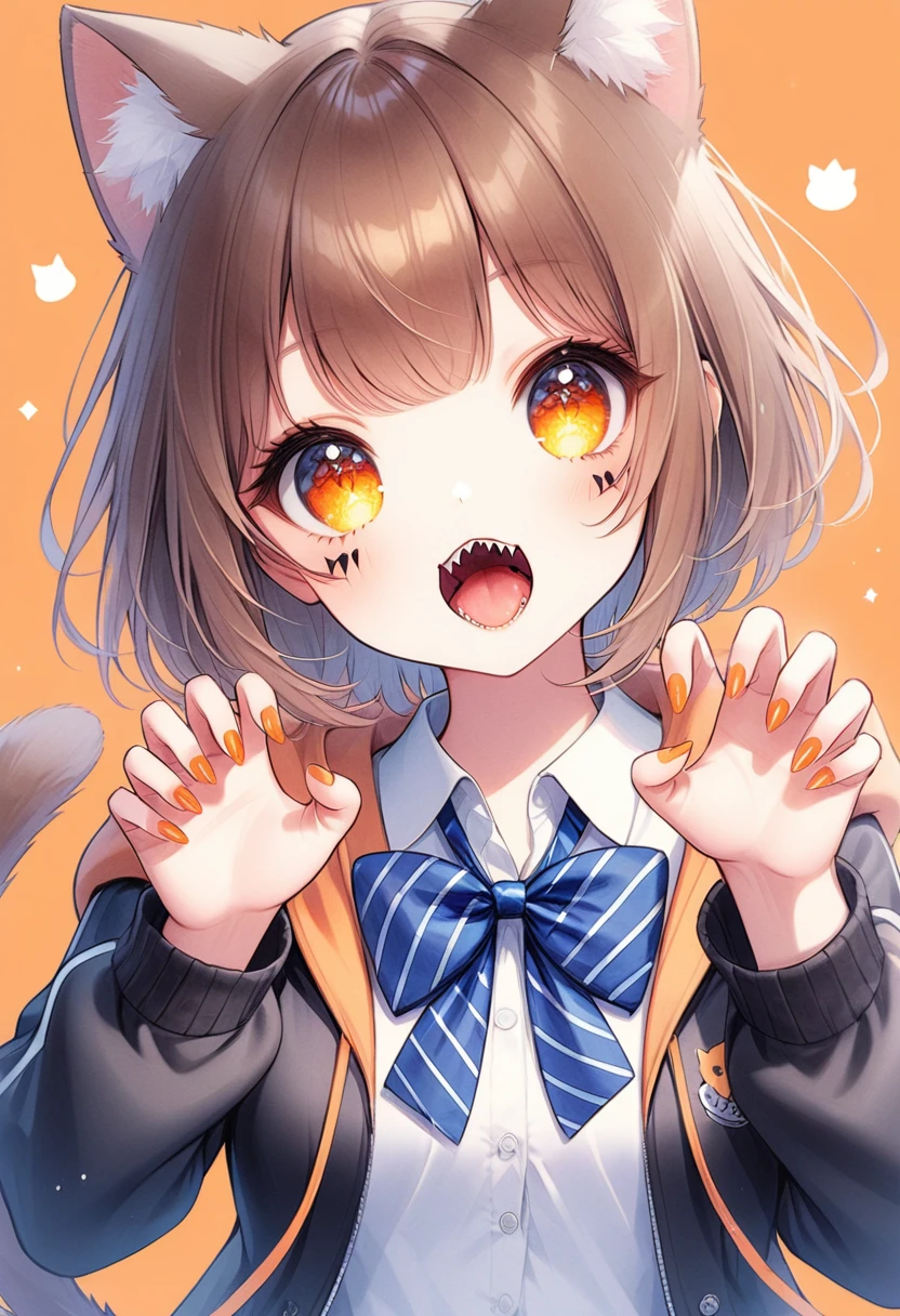 1girl, solo, animal ears, bow, teeth, jacket, tail, open mouth, brown hair, orange background, bowtie, orange nails, simple background, cat ears, orange eyes, blue bow, animal ear fluff, cat tail, looking at viewer, upper body, shirt, school uniform, hood, striped bow, striped, white shirt, black jacket, blue bowtie, fingernails, long sleeves, cat girl, bangs, fangs, collared shirt, striped bowtie, short hair, tongue, hoodie, sharp teeth, facial mark, claw pose