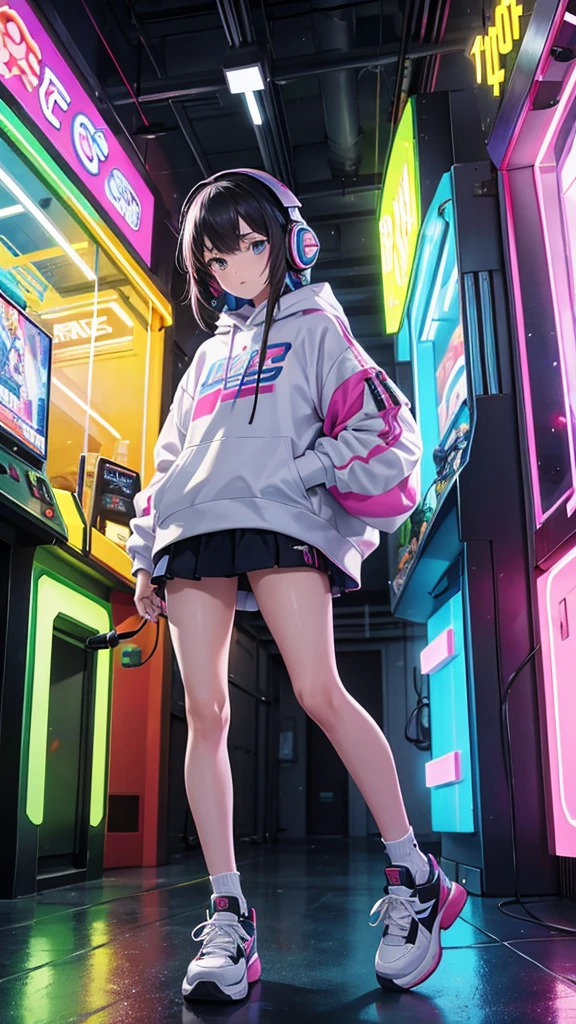 rs wearing colorful jerseys and sneakers、Wearing big headphones, he plays Space Invaders in a neon-lit arcade.