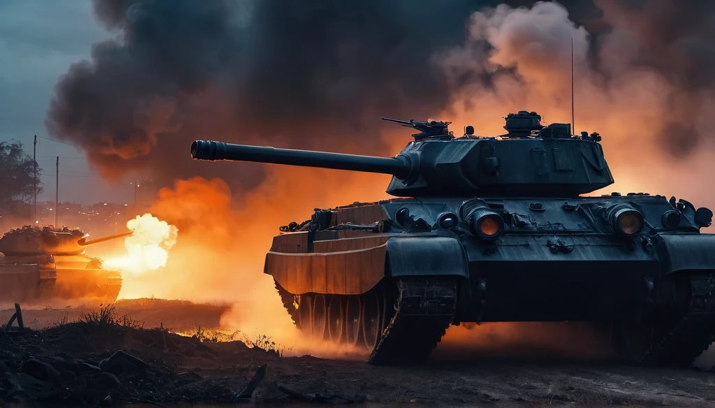The background is in the city，Sunset，painting masterpiece, Extremely detailed, Black White Dark Steel Dark Blue Black Light Brown Dark Brown White Light Orange Dark Red Dark Green, Dramatic Lighting, evening, High contrast, steam, FOG, Israeli soldiers fighting with tanks on the battlefield, Movie Lighting, Aspect ratio of 16:9, steam, 4K, professional ominous Concept Art, author：artgerm and greg rutkowski, complex, elegant, Highly detailed digital painting, Concept Art, Smooth, Clear focus, illustration, Simon Starenhagen&#39;s style, Wayne Barlow, 和 igor kieryluk., Acrylic painting, Popular in pixiv Fan Box, Palette knife and brush strokes, Makoto Shinkai&#39;s styleJamie WiseJames GirardEdward HopperGreg RutkowskiStudio GhibliGenshin Impact