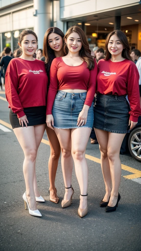 Four quadruplet sisters,Smiling fat woman ((best quality)), ((masterpiece)), (detailed), Perfect face, Wearing a green loose sweatshirt and short skirt, The other was wearing a red loose plaid shirt and jeans, Thin waist and thick hips, Soft curves, hyperPractical full figure, Wearing a cute top, Long legs,,thickness, Beautiful plump woman, Four female targets with beautiful curves,Clear curve details, Curvy hourglass figure, Charming plus size models, bbw酱, full image, Surface Model, Curvy body, (full-body shot)blush, 1girll fat , Golden Ratio,(White and tender skin:),High quality background, HD, Practical, HDR. pedestrian mall,Skin as white as paper,High heel,Supercar,Auto Show