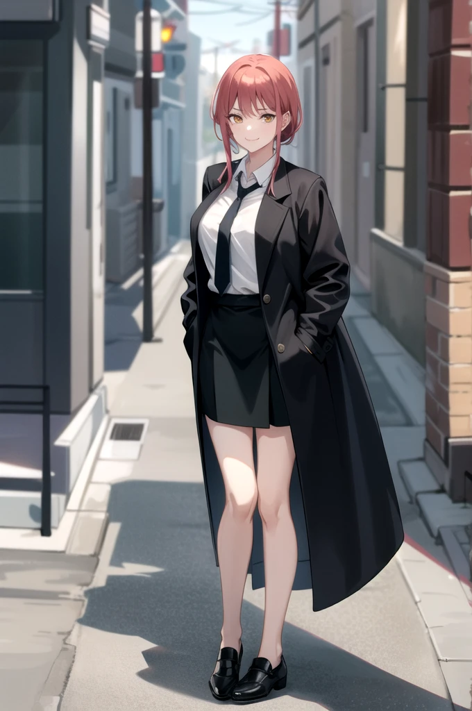 tall body, tall, long legs, mature female, mature, adult, EFT_Makima, makima (chainsaw man), 1girl, necktie, black necktie, ringed eyes, shirt, yellow eyes, looking at viewer, smile, formal, suit, collared shirt, solo focus, white shirt, red hair, sidelocks, coat, black coat, medium hair, bangs, black jacket, jacket, business suit, light smile, blurry, blurry background sexy full body