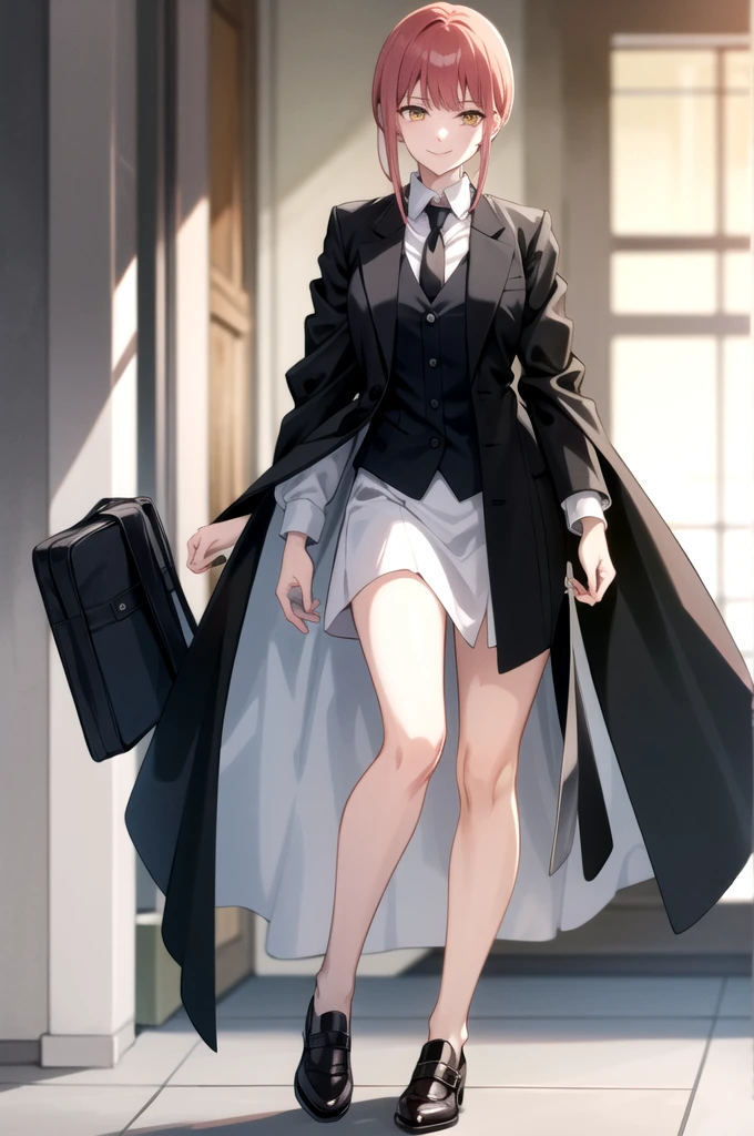 tall body, tall, long legs, mature female, mature, adult, EFT_Makima, makima (chainsaw man), 1girl, necktie, black necktie, ringed eyes, shirt, yellow eyes, looking at viewer, smile, formal, suit, collared shirt, solo focus, white shirt, red hair, sidelocks, coat, black coat, medium hair, bangs, black jacket, jacket, business suit, light smile, blurry, blurry background sexy full body