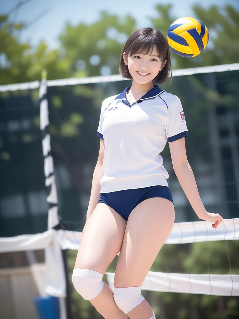Glossy thighs、(8K、top-quality、masterpiece:1.2)、(realisitic、Photorealsitic:1.37)、ultra-detailliert、top-quality、超A high resolution、professionally lit、Photon mapping、Radio City、physically-based renderingt、Cinematic lighting、depth of fields,Focusing,Sun'rays,Good composition,,(((1 girl ))),Double eyes、(((white Volleyball uniform 、Dark blue high-leg low-rise bloomers)))、Gymnasium、A big smile、Gymnasium Court, (Tween model, 12 year oldg)), Ethereal beautiful, slim, very beautiful short hair,Colossal tits、 Toned abs, short cut hair、Soft light, ((David Hamilton Style)),
