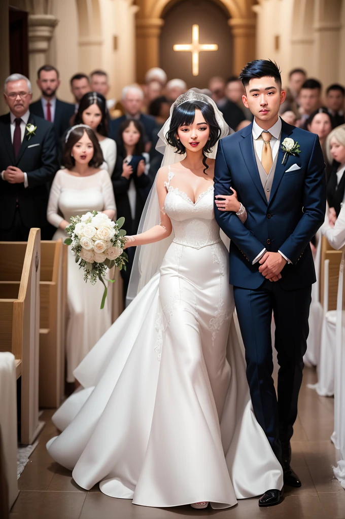 Short dark blue hair white wedding dress big princess entering church 