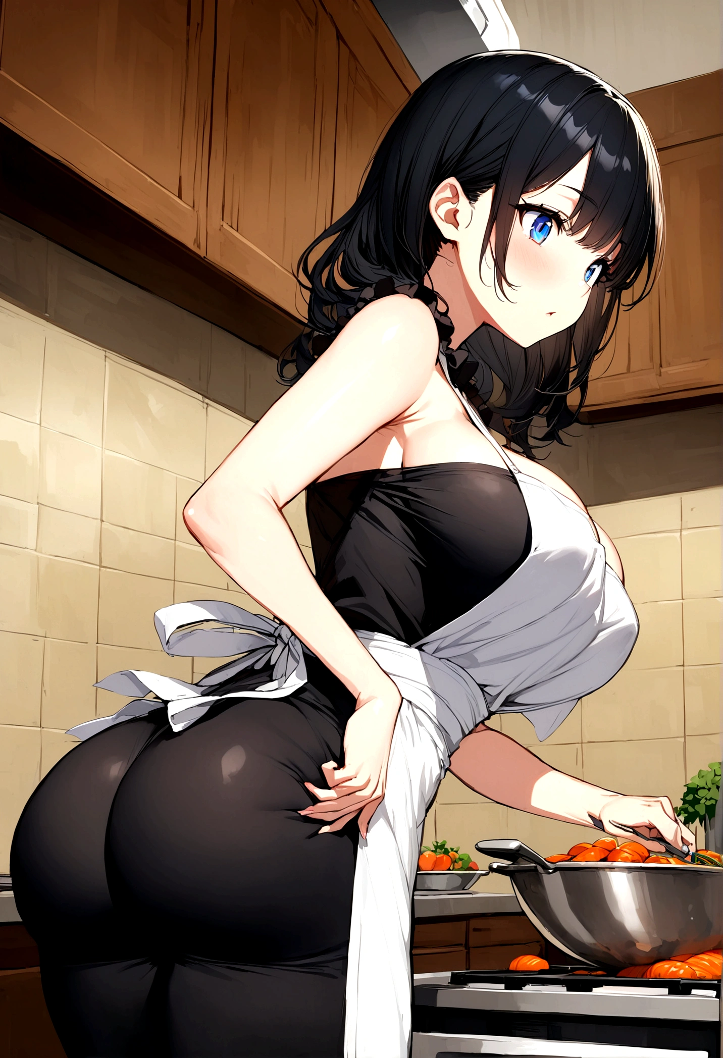Anime girl long black hair, blue eyes, With big breasts and slim with hips and ass.Just an apron in her kitchen preparing dinner