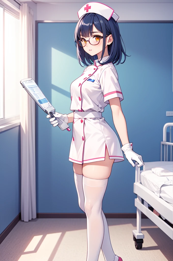 1woman, solo, nurse, white nurse cap, white nurse uniform, ((white legwear, zettai ryouiki)), white gloves, glasses, blue hair, orange eyes, pink lips, no impression, standing, ((hospital room)), sharp outline, short sleeves, mature female, 35 years old, best quality, masterpiece